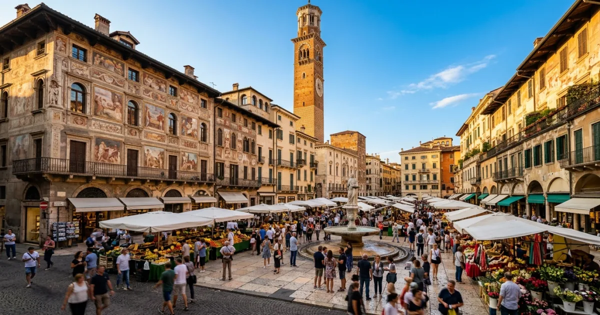 Panoramic view of Piazza delle Erbe in Verona with market stalls and historic architecture