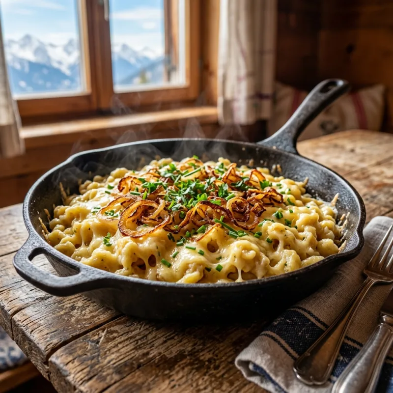 A cast-iron pan of Pinzgauer Kasnocken with melted cheese and fried onions