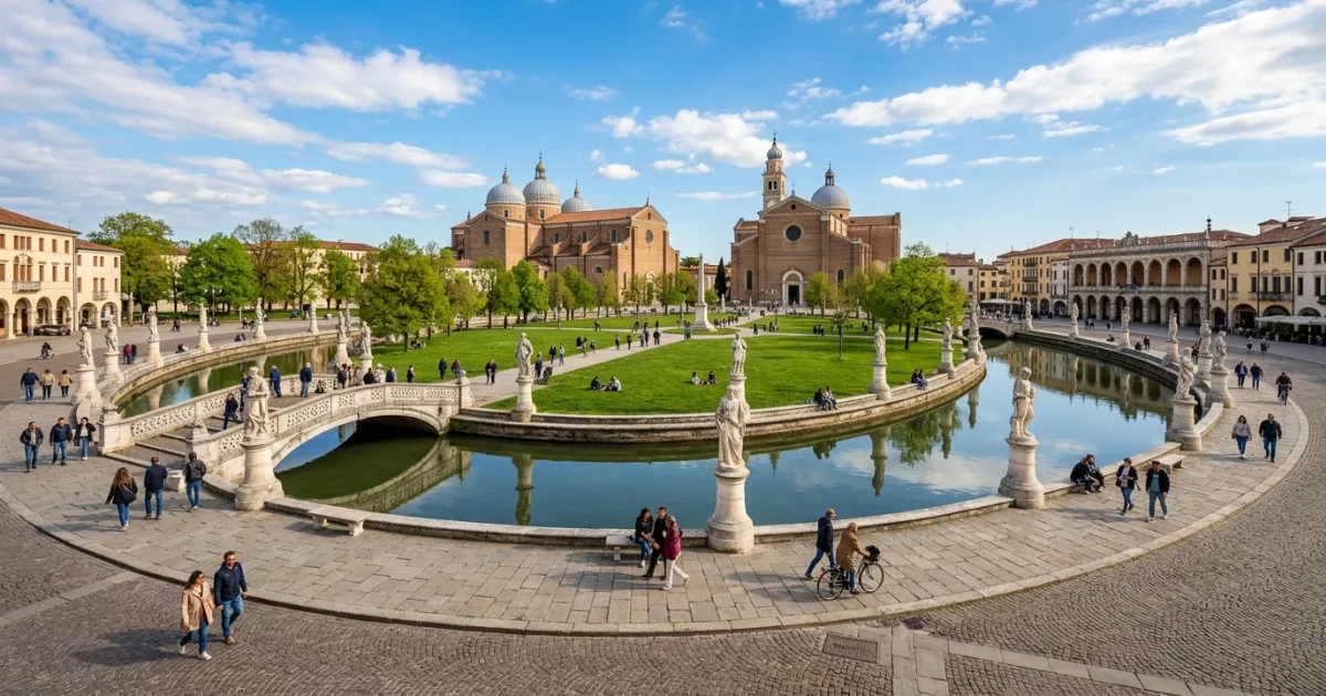 Travel Guides 9 Panoramic view of Prato della Valle in Padua featuring the canal, statues, and Basilica of Santa Giustina