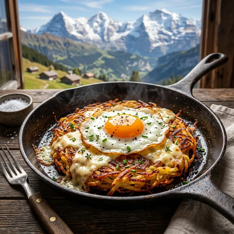 Traditional Swiss Rösti with a fried egg