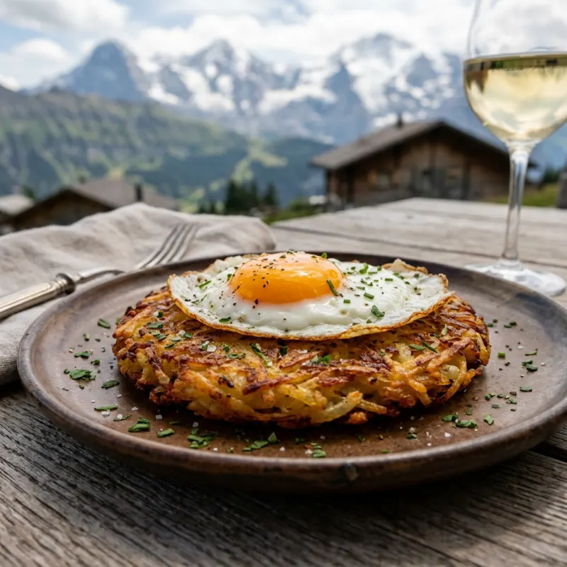 Crispy Swiss Rösti topped with a fried egg