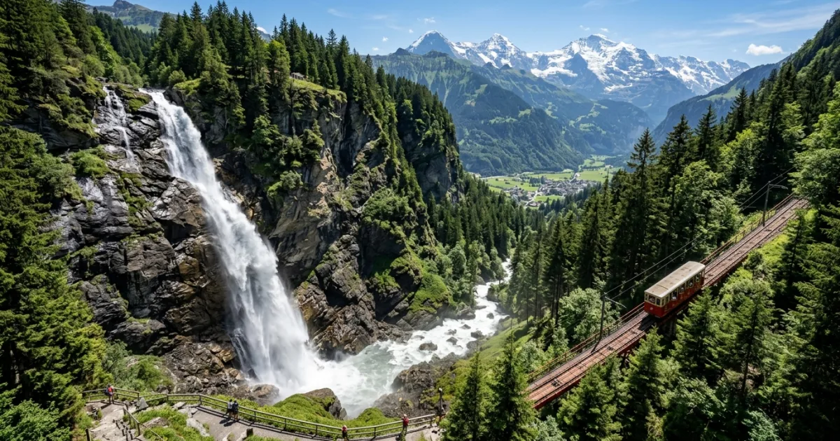 Reichenbach Falls cascading down a rocky cliff with the historic funicular railway