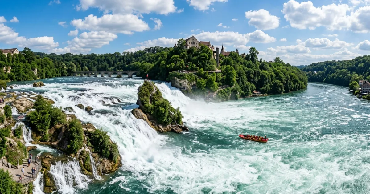 Panoramic view of the Rhine Falls and Laufen Castle in Switzerland