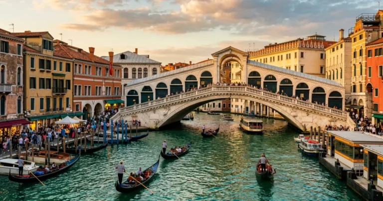 Rialto Bridge & Market 7 Wide angle view of the Rialto Bridge and Grand Canal in Venice at sunset