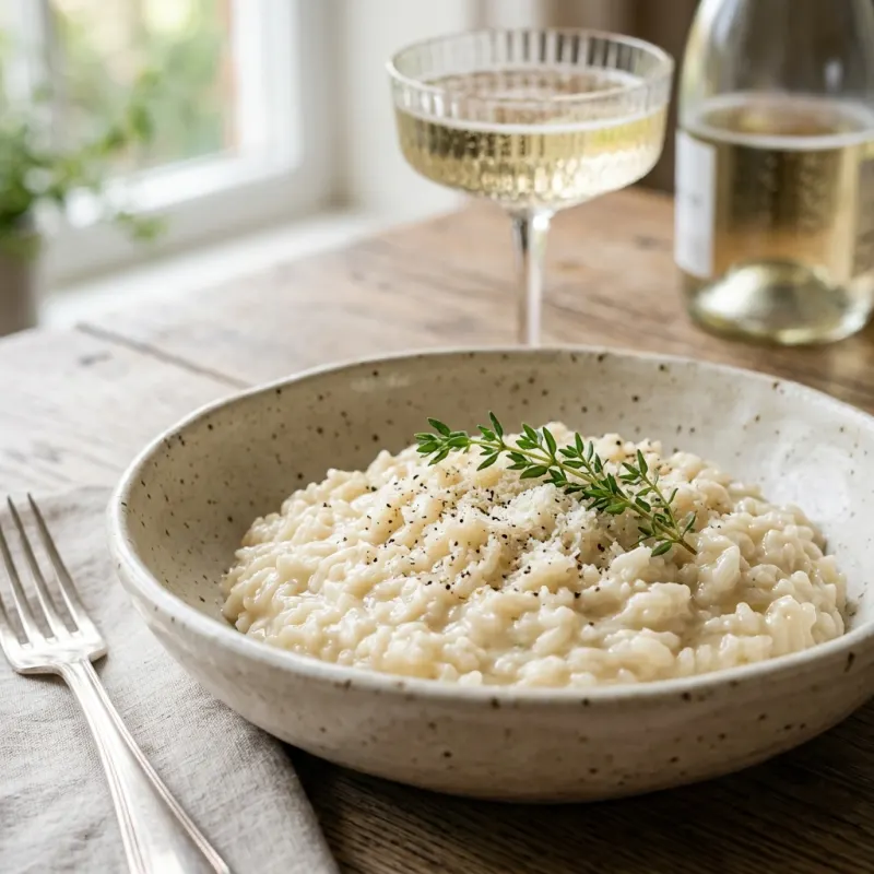 A bowl of creamy Risotto al Prosecco garnished with thyme