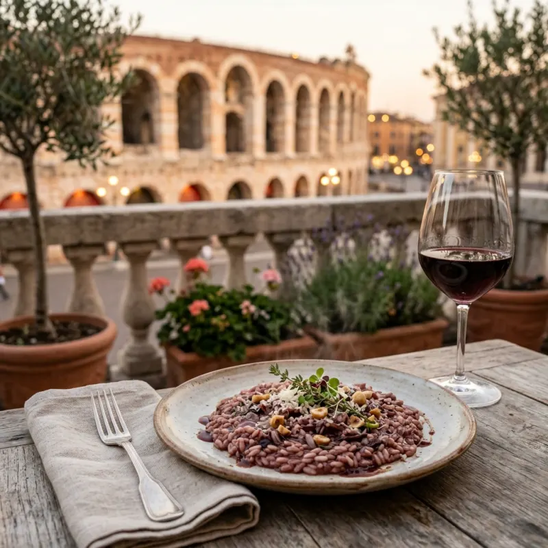 A plate of traditional Risotto all'Amarone with the Verona Arena in the background