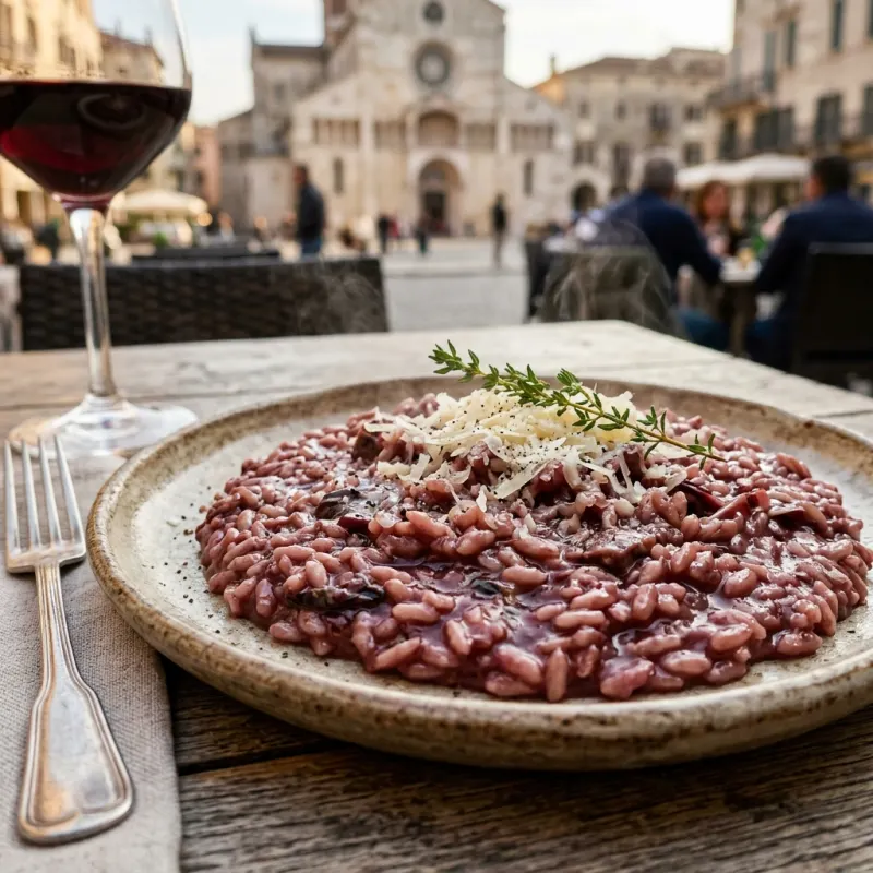 A plate of traditional Risotto all'Amarone in Verona