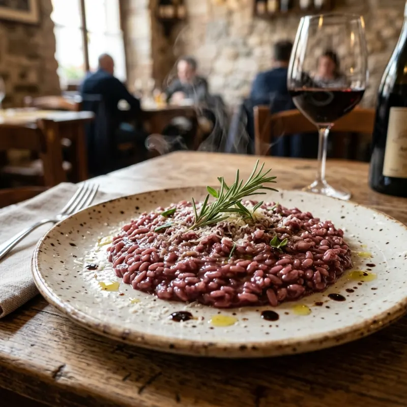 A plate of traditional Risotto all'Amarone from Verona