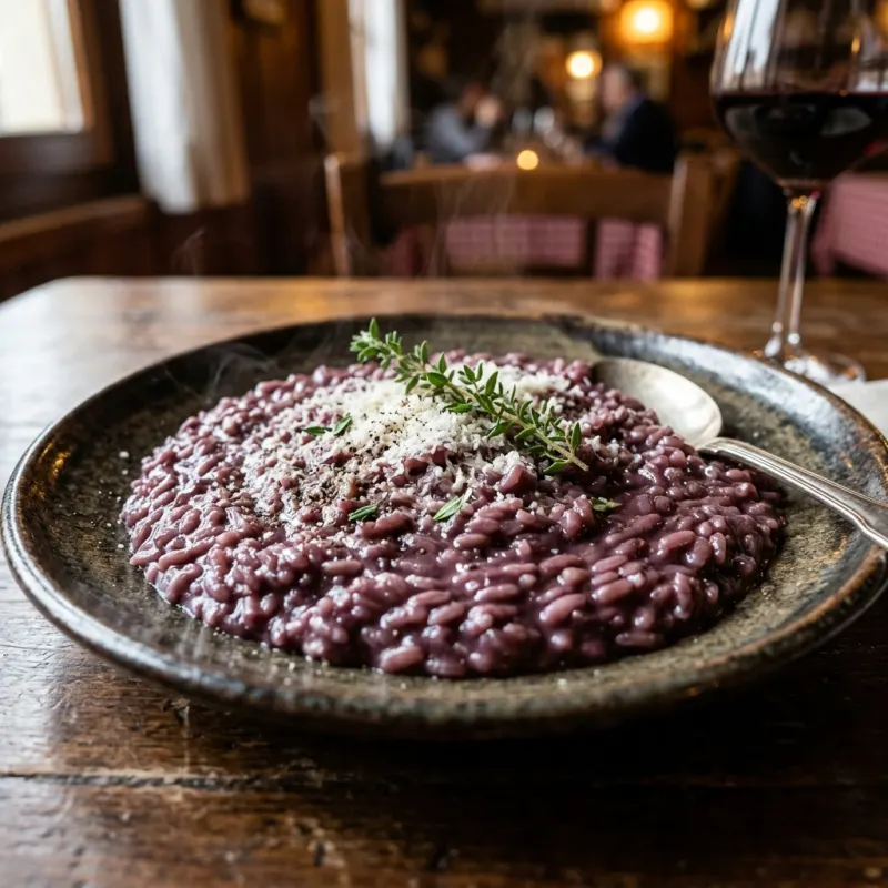 A plate of traditional Risotto all'Amarone from Verona
