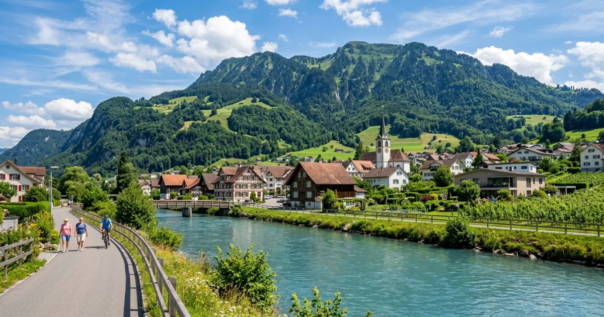 Scenic view of Root village and the Reuss River in Switzerland