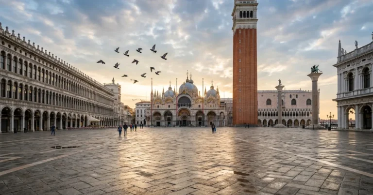 San Marco 15 Wide view of Piazza San Marco at sunrise with St. Mark's Basilica and the Campanile