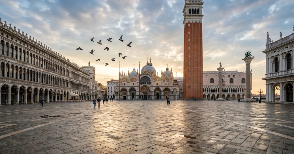 Travel Guides 10 Wide view of Piazza San Marco at sunrise with St. Mark's Basilica and the Campanile