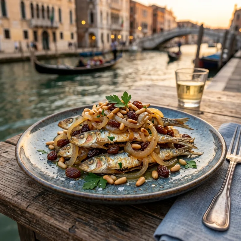 A plate of traditional Venetian Sarde in Saor