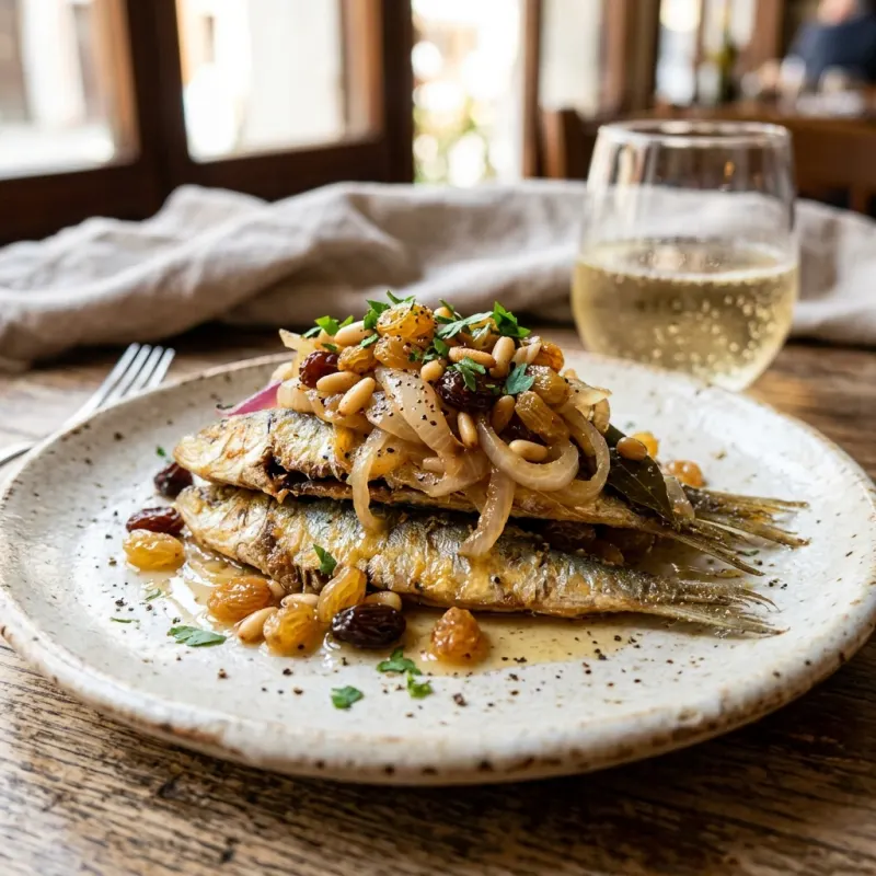 Sarde in Saor on a rustic plate