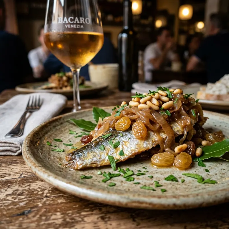 Sarde in Saor on a rustic plate
