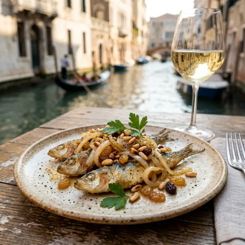 Sarde in Saor on a rustic plate in Venice