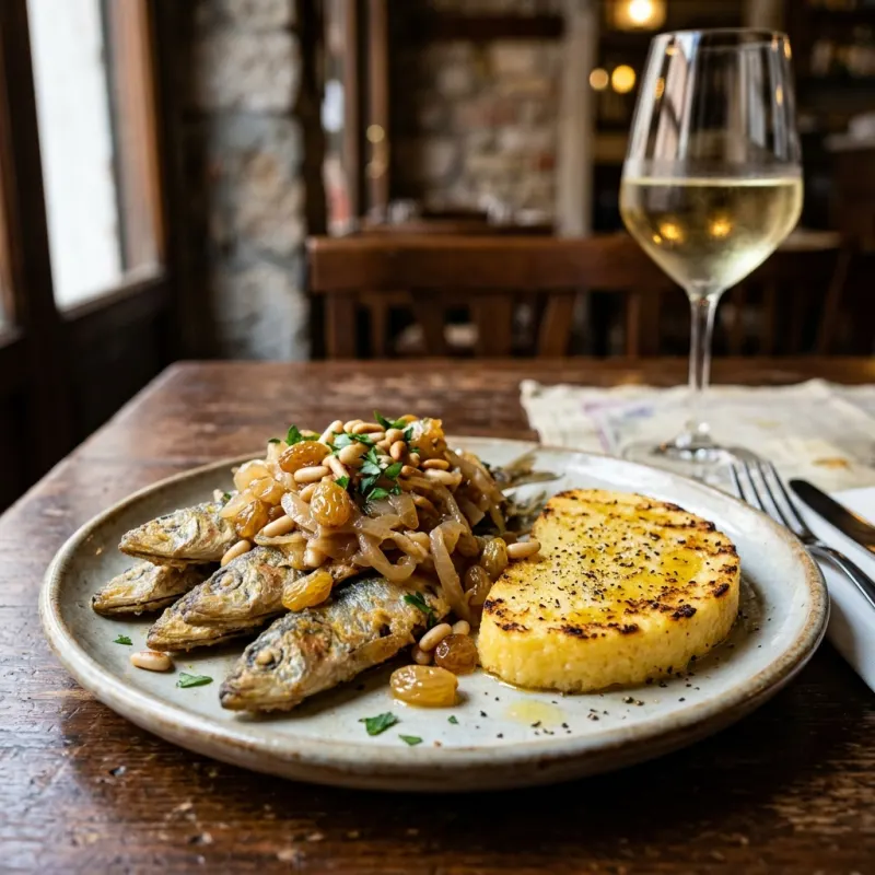 Traditional Venetian Sarde in Saor served with polenta