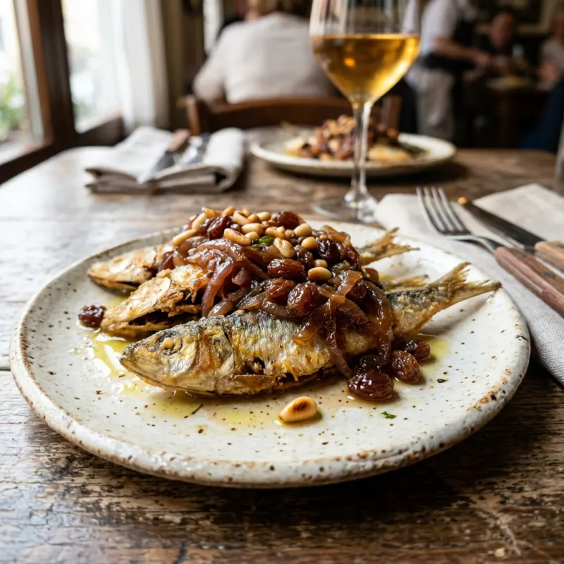 Sarde in Saor on a rustic plate