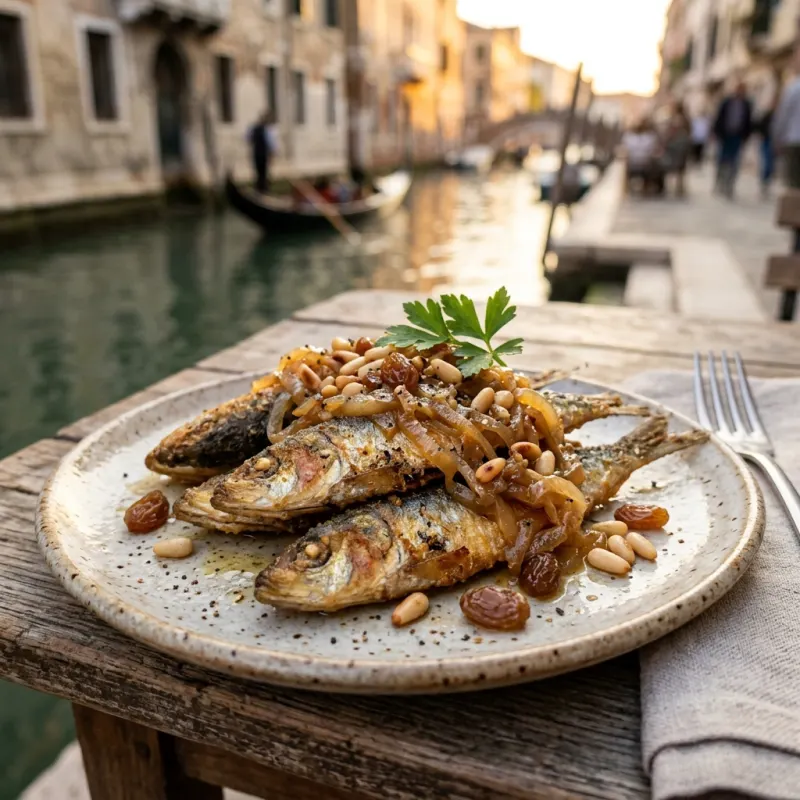 Sarde in Saor on a rustic plate in Venice