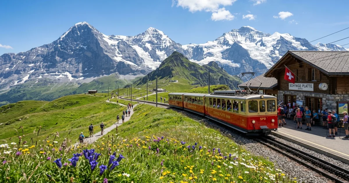 Historic cogwheel train at Schynige Platte with the Eiger, Mönch, and Jungfrau mountains in the background
