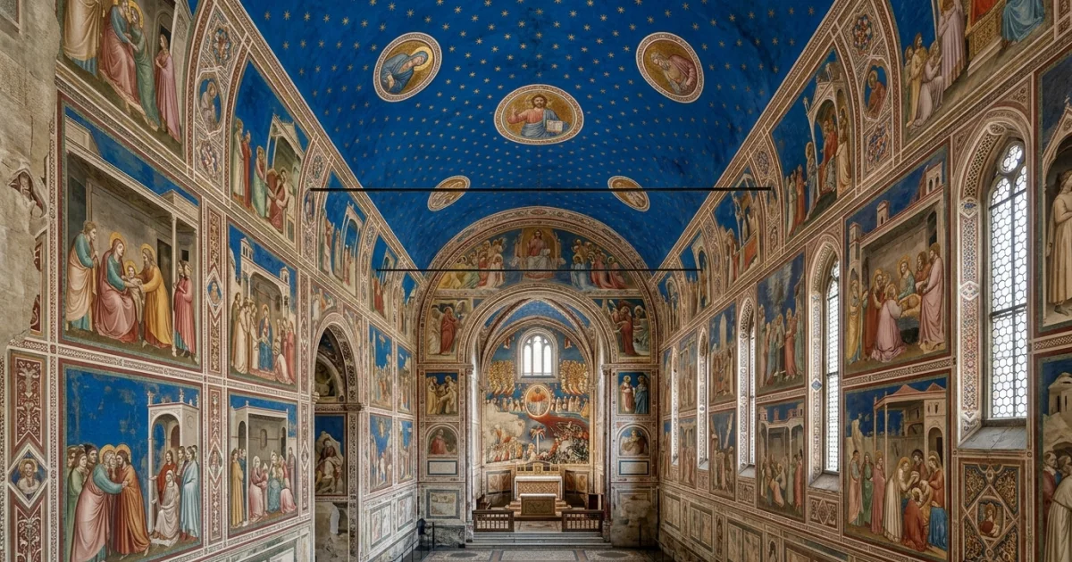 Travel Guides 10 Interior view of the Scrovegni Chapel showing Giotto's frescoes and the blue starry ceiling