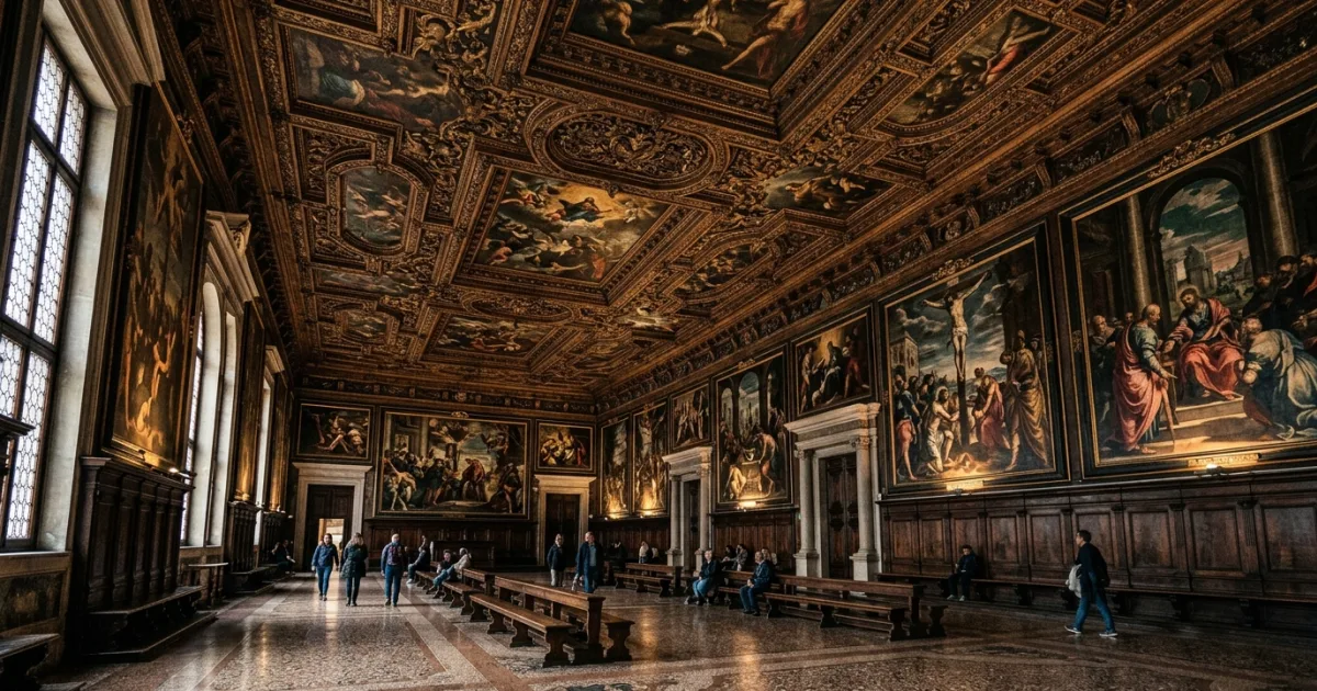 Interior view of the Sala Superiore at Scuola Grande di San Rocco featuring Tintoretto paintings
