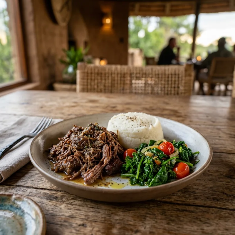Traditional Botswana Seswaa dish with pap and greens