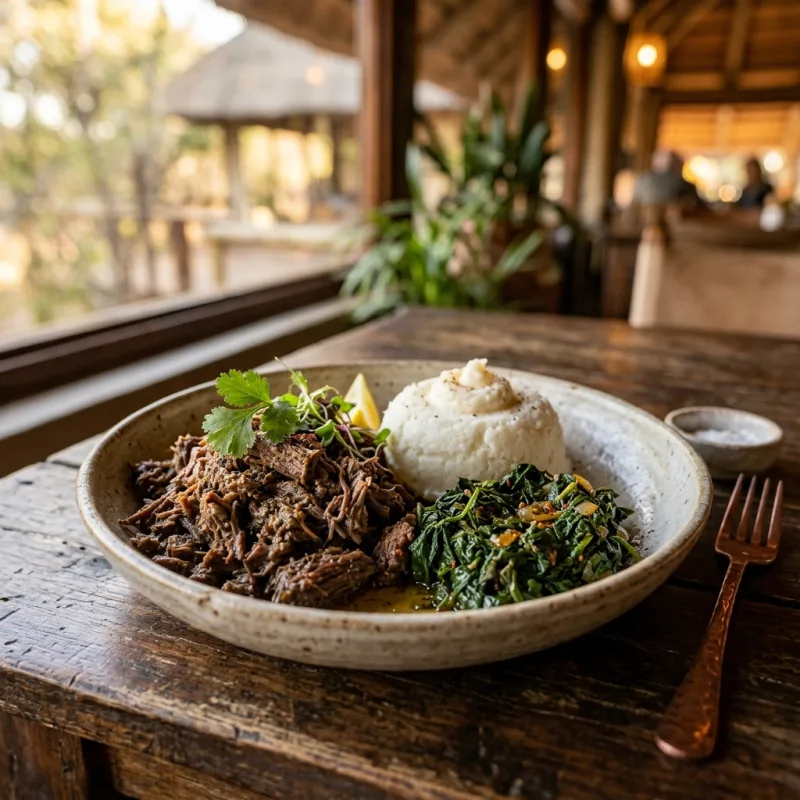 Traditional Botswana Seswaa with maize pap and greens