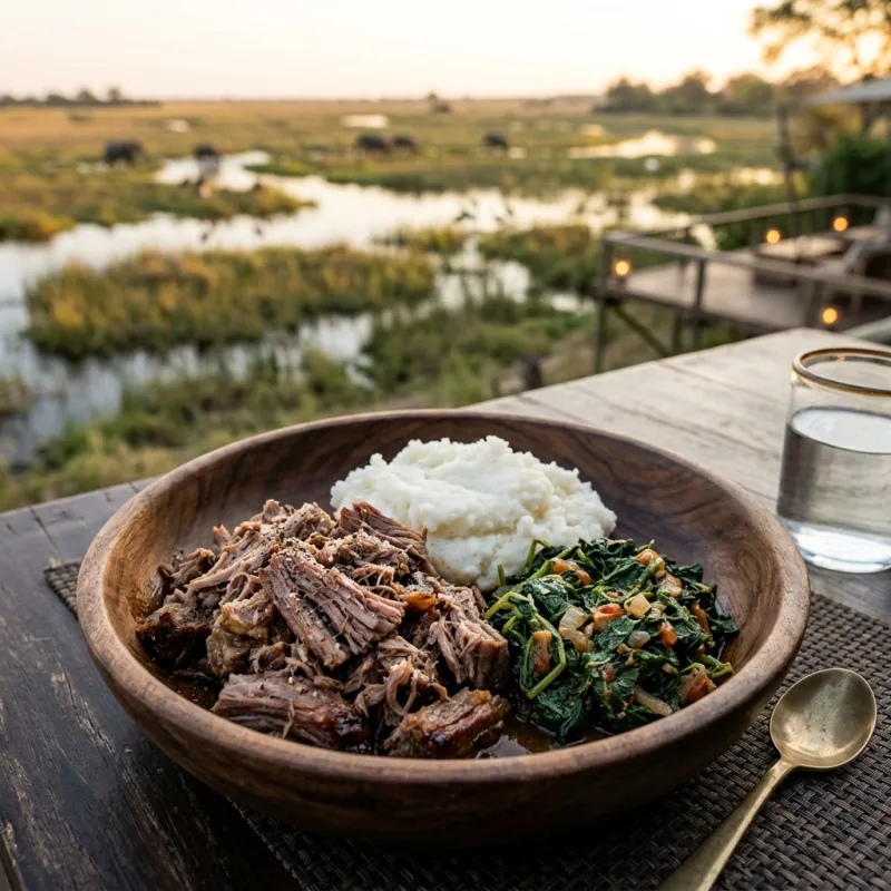 Traditional Botswana Seswaa served with pap and greens
