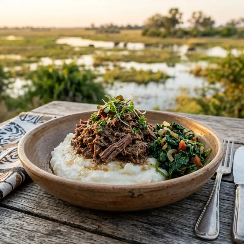 Traditional Botswana Seswaa served with pap and morogo