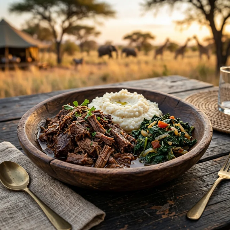 Traditional Botswana Seswaa with pap and greens