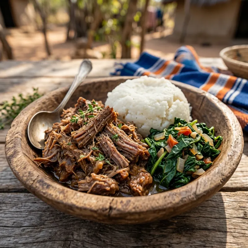 A traditional serving of Seswaa with maize meal and greens