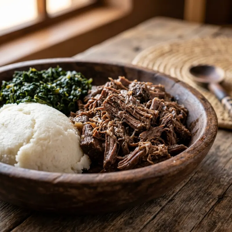 Seswaa traditional pounded meat with pap