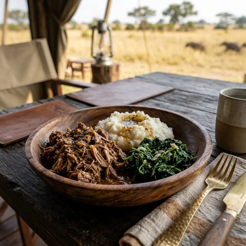 Traditional Botswana Seswaa with pap and morogo