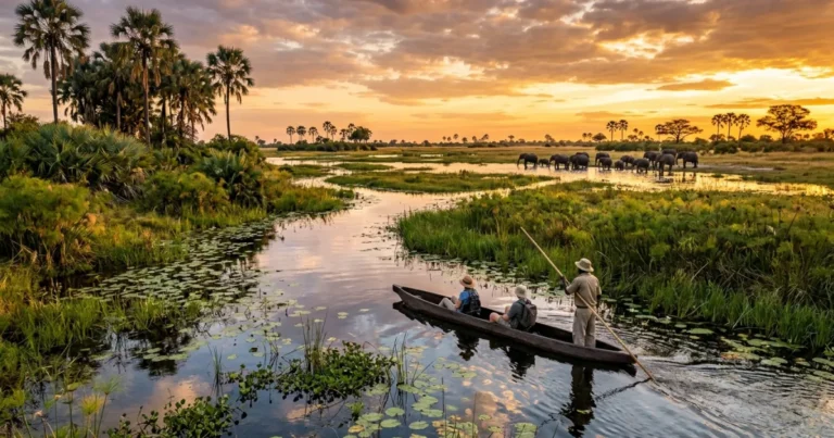 Shinde Concession 8 Mokoro canoe navigating the waterways of the Shinde Concession in the Okavango Delta at sunset