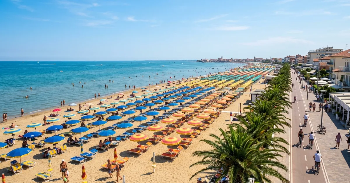 Travel Guides 11 Wide view of Sottomarina Beach with colorful umbrellas and the Adriatic Sea