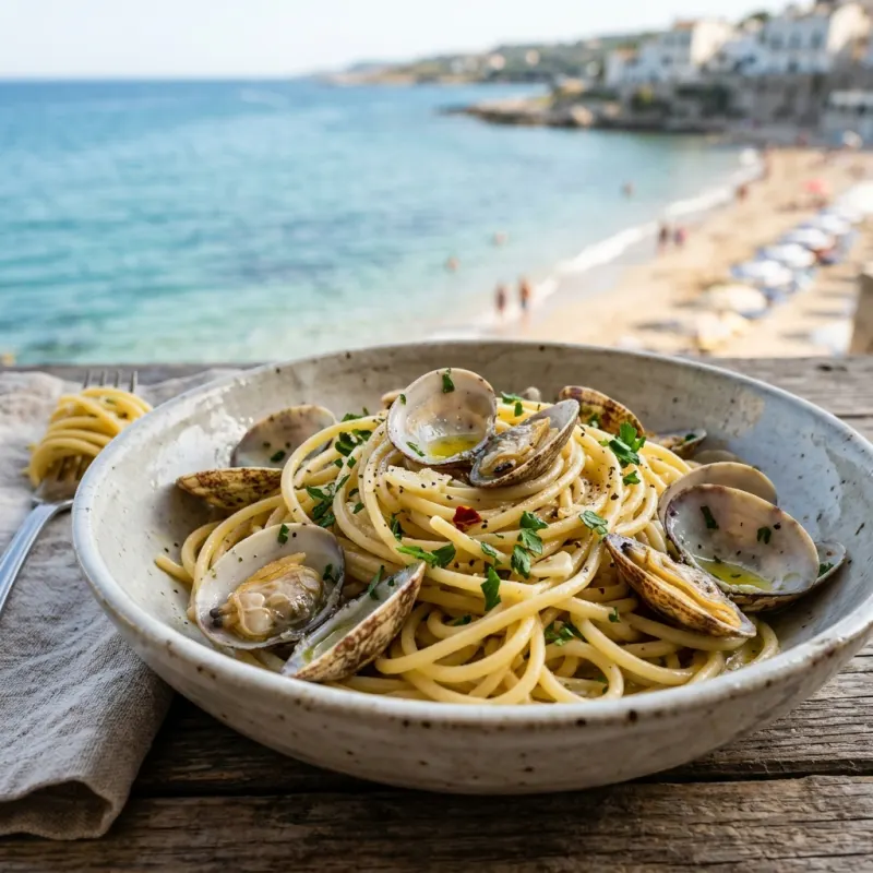 A bowl of Spaghetti alle Vongole with fresh clams
