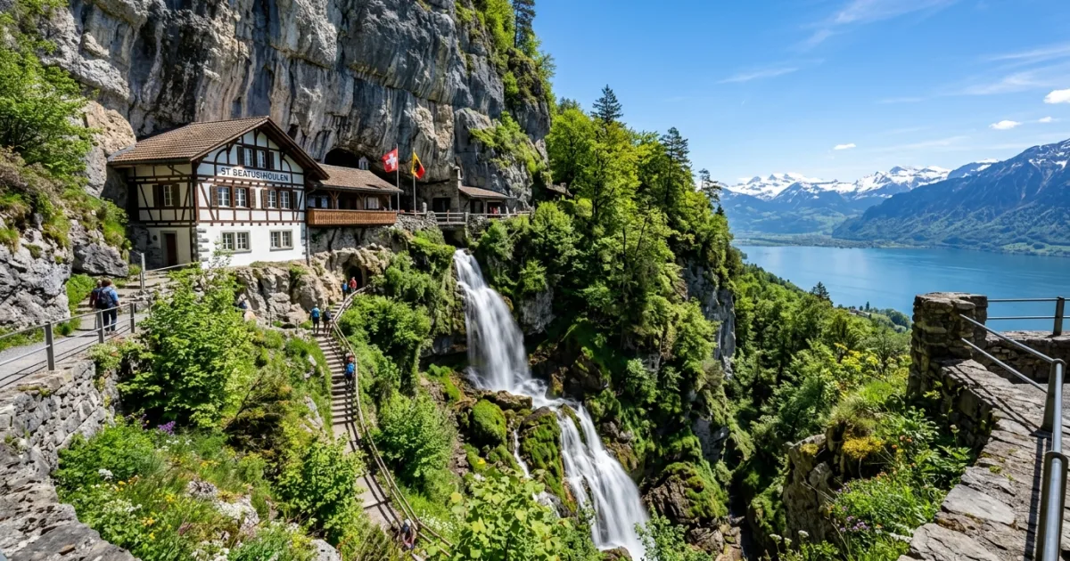 Exterior view of St Beatus Caves with a cascading waterfall and traditional Swiss building built into the cliff