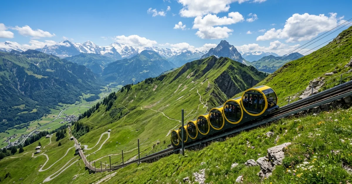 The Stoosbahn funicular ascending a steep mountain in the Swiss Alps