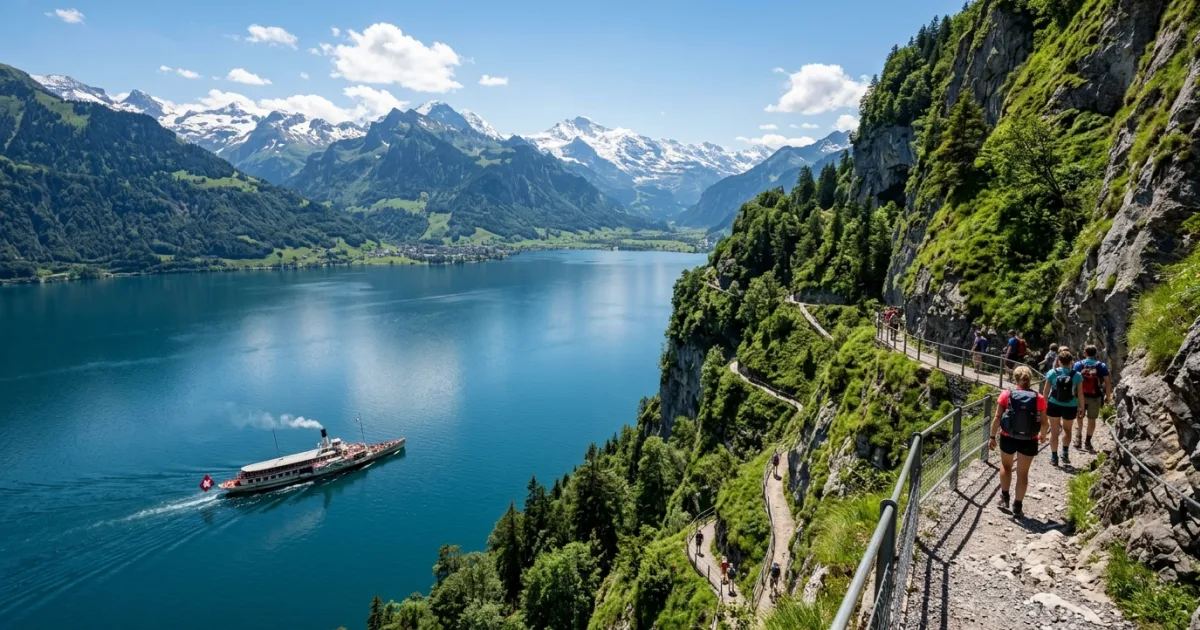 Panoramic view of the Swiss Path hiking trail along Lake Lucerne