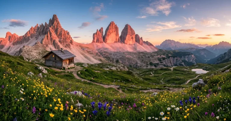 The Dolomites 2 Panoramic view of the Dolomites mountains glowing pink at sunset
