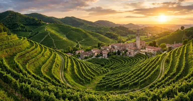 The Prosecco Hills 2 Panoramic view of the terraced vineyards in the Prosecco Hills during golden hour