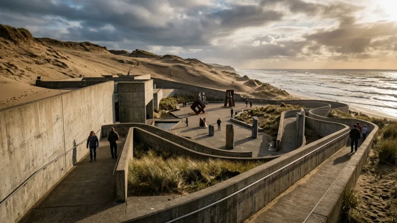 Appreciate the Secret Dune Architecture 3 Modern concrete museum interior seamlessly integrated with sandy beach dunes and modern sculptures.