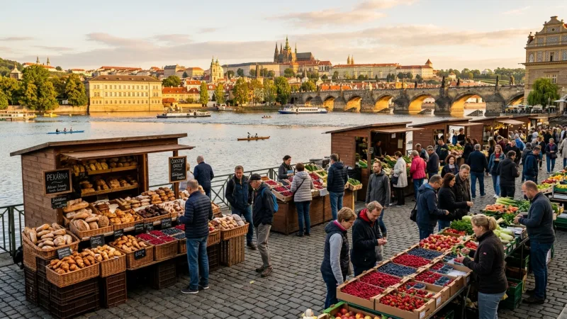 Arrive Before 9:30 AM for the Best Selection 5 Early morning view of stalls with fresh produce and bread at Naplavka Farmers Market beside the river.
