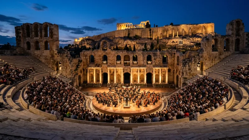 Attend a Live Summer Performance 4 The illuminated ancient marble amphitheater of the Odeon of Herodes Atticus at dusk during an open-air concert.