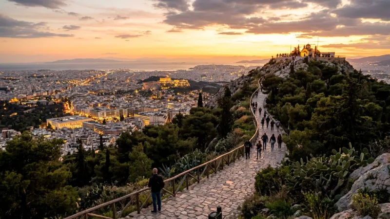 Avoid Cable Car Crowds at Sunset 4 A paved stone footpath on Mount Lycabettus leading up through pine trees with a glowing sunset view of Athens.