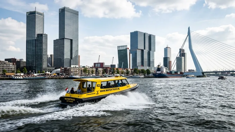 Board the Yellow Watertaxi from Leuvehaven 3 Bright yellow watertaxi speeding across the water in Rotterdam harbor.