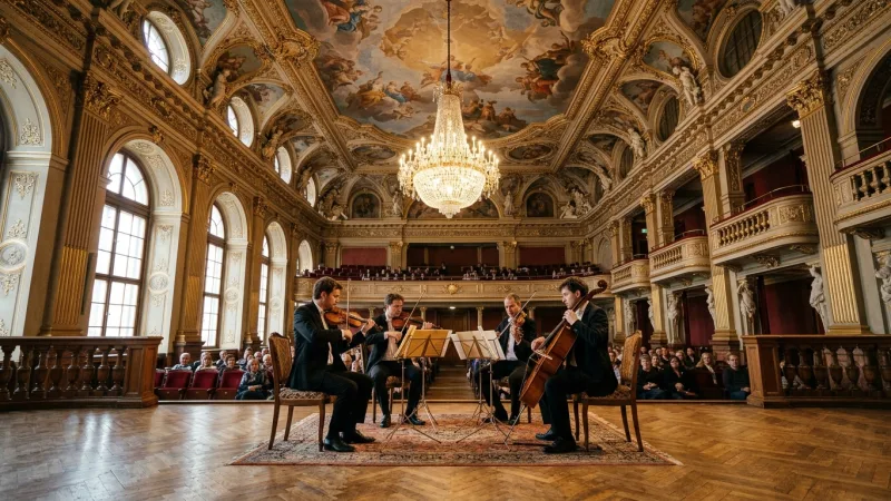 Book Midday Concert Combo Tickets 4 A classical music quartet performing under frescoed ceilings in a Baroque concert hall.
