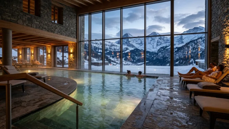 Book Off-Peak Wellness at Swiss Holiday Park 1 Thermal indoor spa pool with glass walls overlooking snowy Swiss mountains
