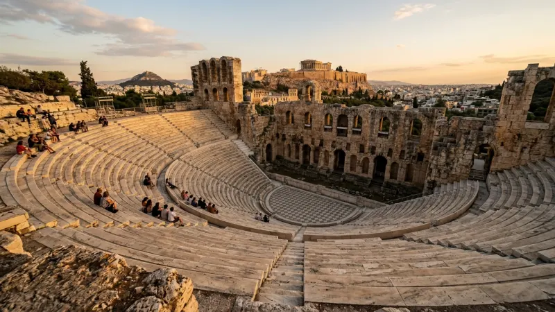 Bring a Seat Cushion for Maximum Comfort 1 The semi-circular marble seating rows of the ancient Odeon of Herodes Atticus under warm afternoon sunlight.